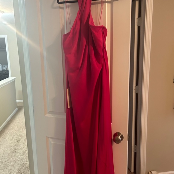 ADRIANNA PAPELL  STRETCH SATIN MERMAID GOWN WITH HALTER NECKLINE IN HOT PINK - Picture 2 of 2